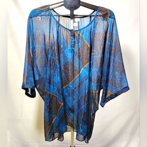 Maggie Barnes Women's Sheer Blue and Brown Tunic With Silver Shimmer-Size 3X